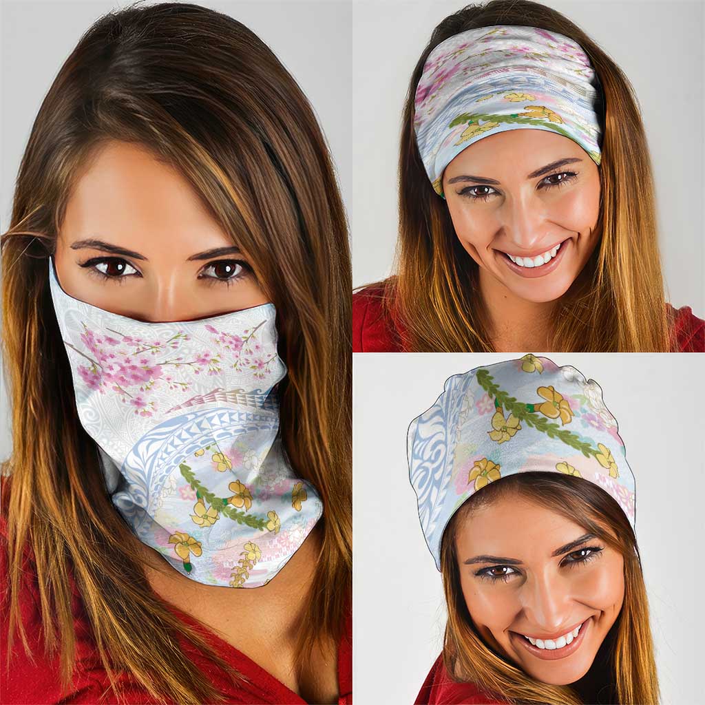Hawaiian and Japanese Culture Together Neck Gaiter Tribal Motifs with Lei and Japanese Sakura Pattern