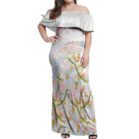 Hawaiian and Japanese Culture Together Off Shoulder Maxi Dress Tribal Motifs with Lei and Japanese Sakura Pattern