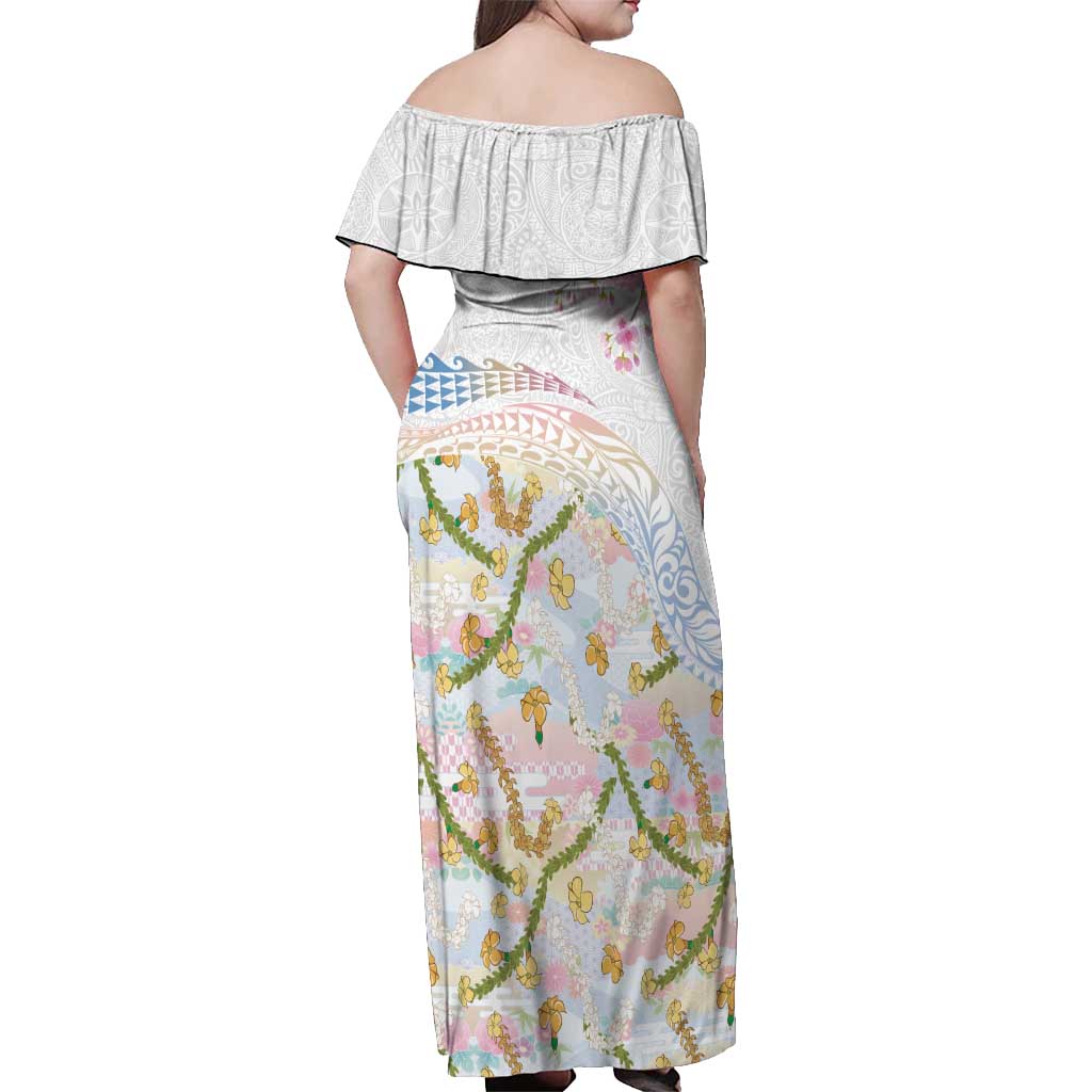 Hawaiian and Japanese Culture Together Off Shoulder Maxi Dress Tribal Motifs with Lei and Japanese Sakura Pattern