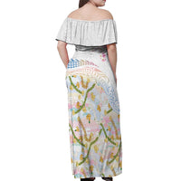 Hawaiian and Japanese Culture Together Off Shoulder Maxi Dress Tribal Motifs with Lei and Japanese Sakura Pattern