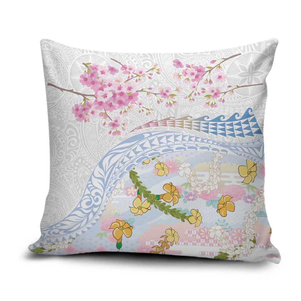 Hawaiian and Japanese Culture Together Pillow Cover Tribal Motifs with Lei and Japanese Sakura Pattern
