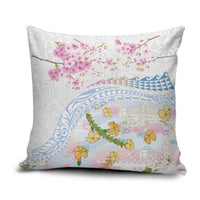 Hawaiian and Japanese Culture Together Pillow Cover Tribal Motifs with Lei and Japanese Sakura Pattern