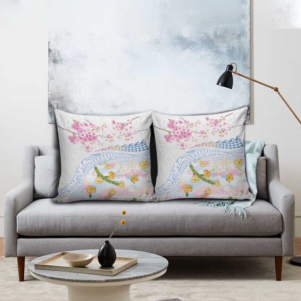 Hawaiian and Japanese Culture Together Pillow Cover Tribal Motifs with Lei and Japanese Sakura Pattern