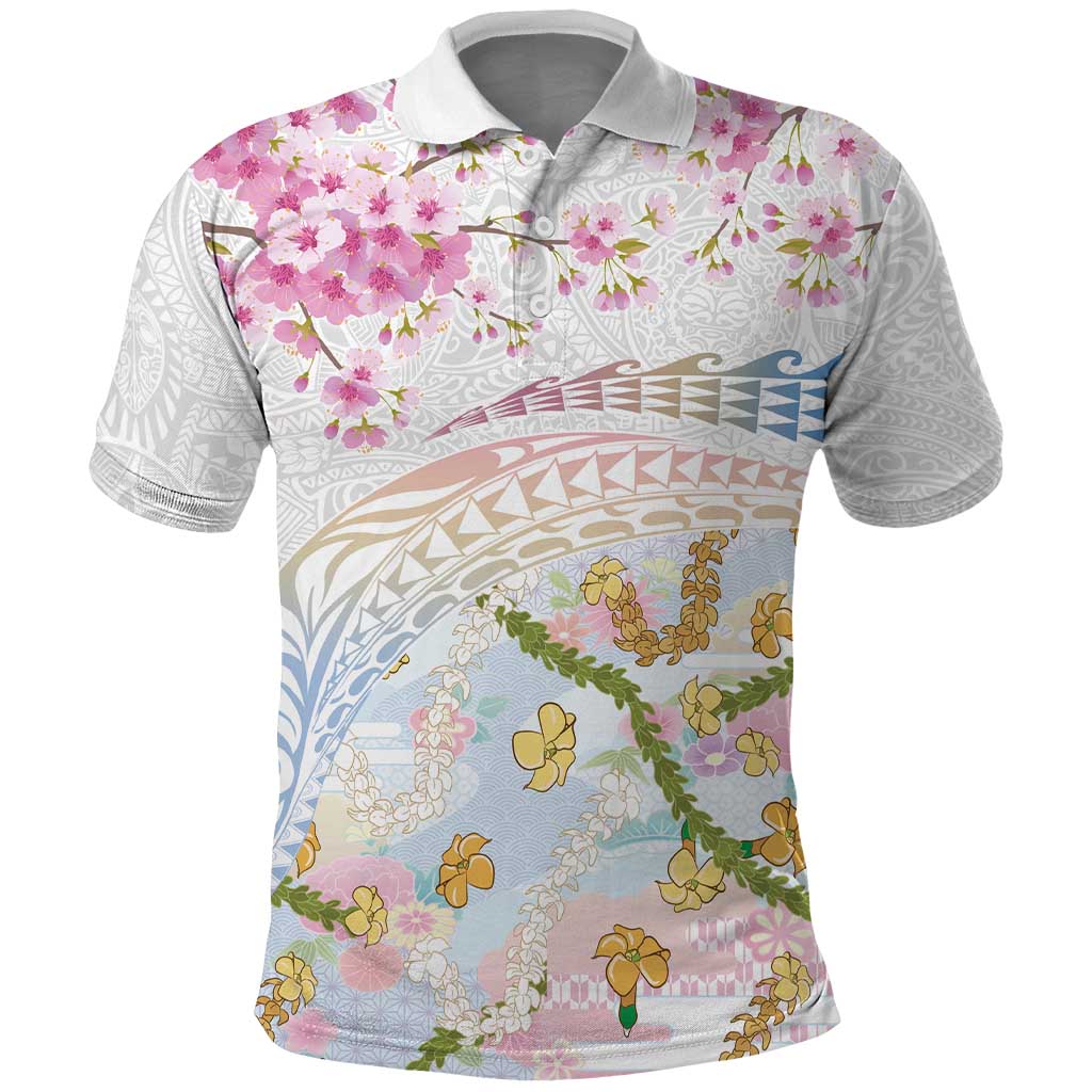 Hawaiian and Japanese Culture Together Polo Shirt Tribal Motifs with Lei and Japanese Sakura Pattern