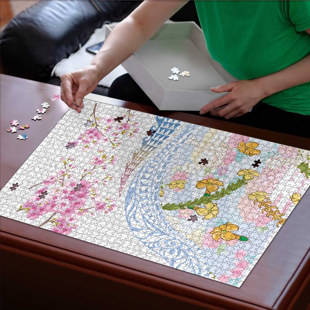 Hawaiian and Japanese Culture Together Puzzle Tribal Motifs with Lei and Japanese Sakura Pattern
