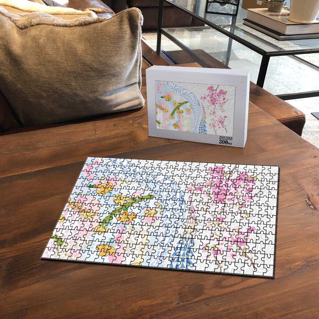 Hawaiian and Japanese Culture Together Puzzle Tribal Motifs with Lei and Japanese Sakura Pattern