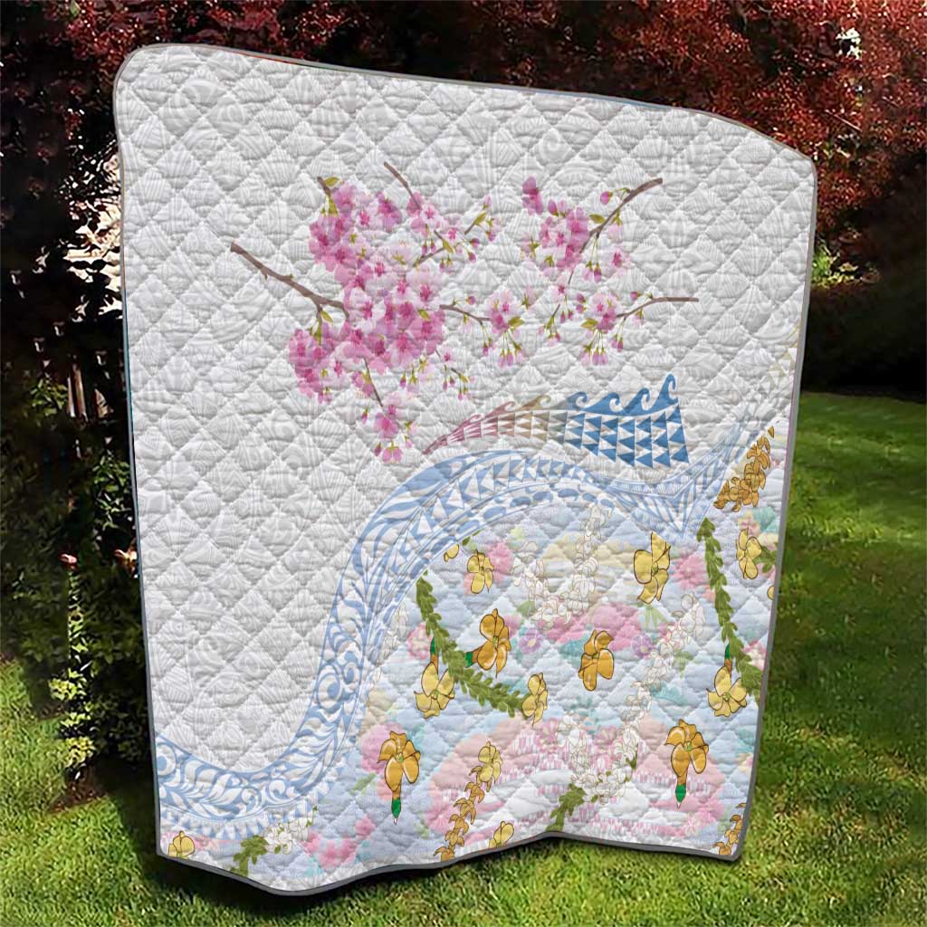 Hawaiian and Japanese Culture Together Quilt Tribal Motifs with Lei and Japanese Sakura Pattern