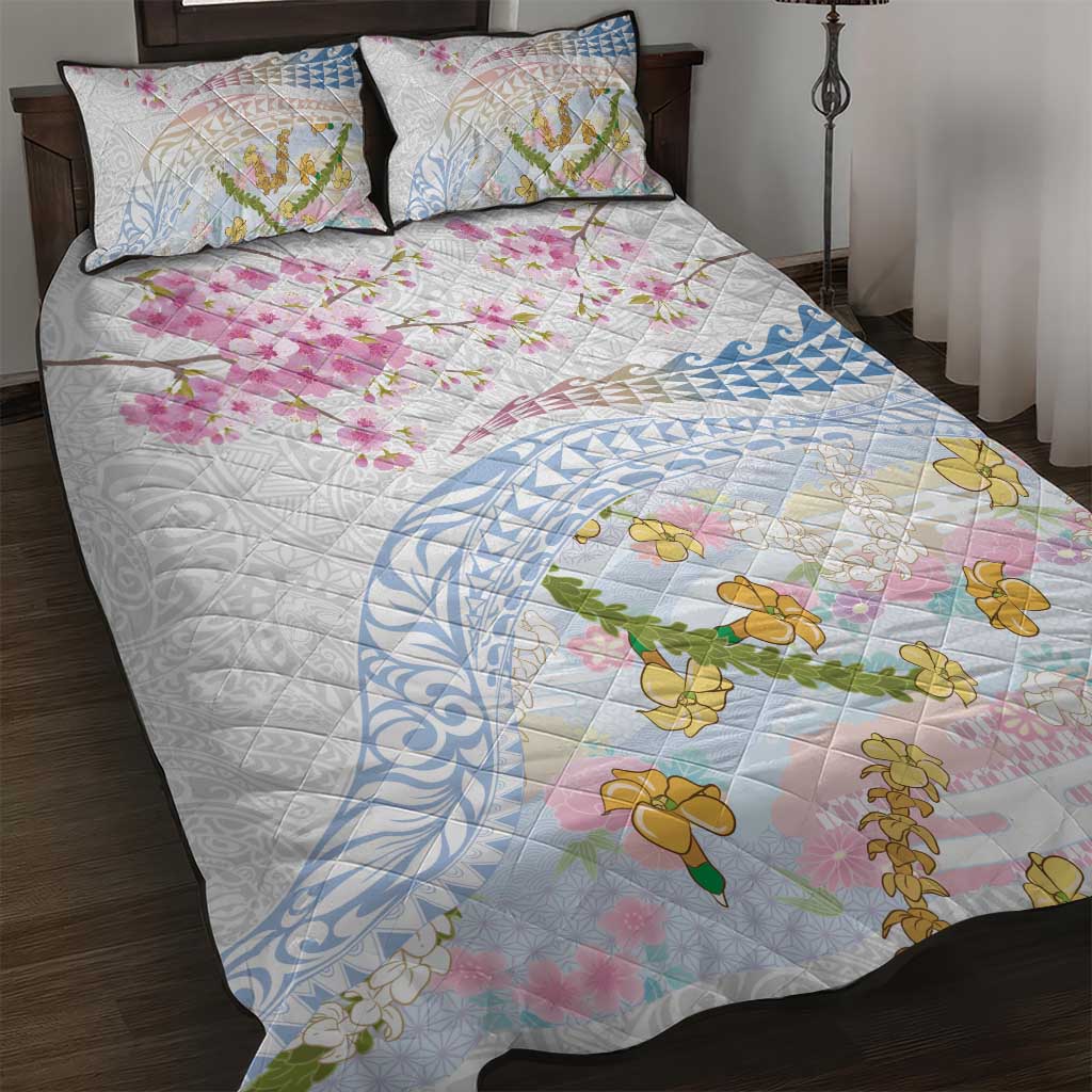 Hawaiian and Japanese Culture Together Quilt Bed Set Tribal Motifs with Lei and Japanese Sakura Pattern