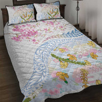 Hawaiian and Japanese Culture Together Quilt Bed Set Tribal Motifs with Lei and Japanese Sakura Pattern