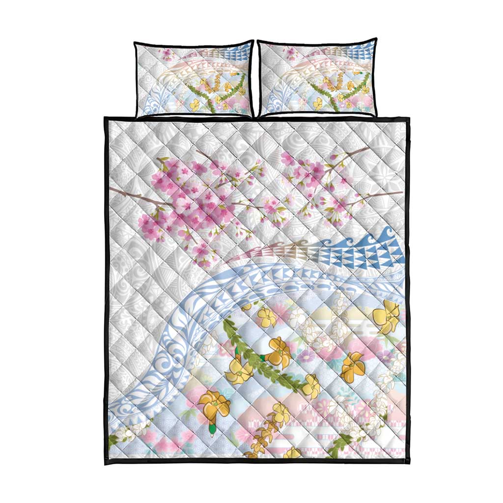 Hawaiian and Japanese Culture Together Quilt Bed Set Tribal Motifs with Lei and Japanese Sakura Pattern