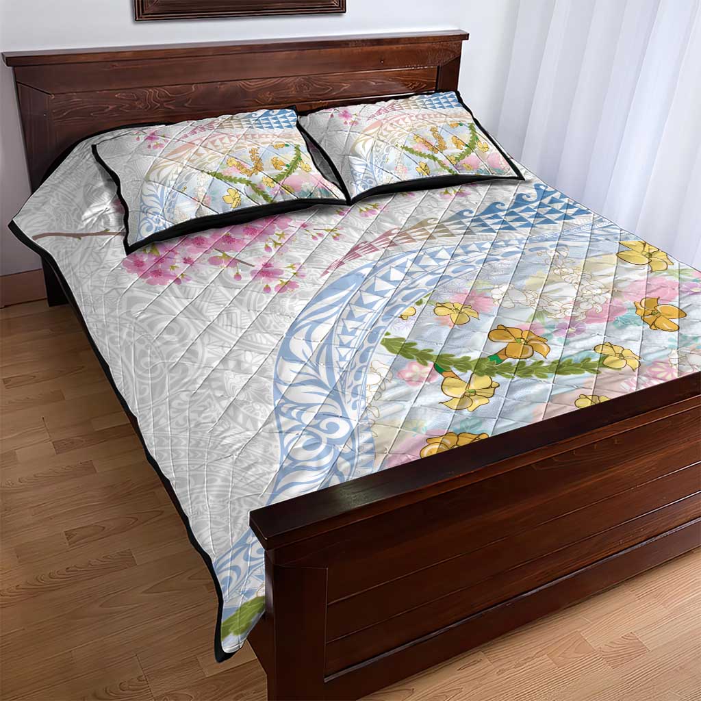 Hawaiian and Japanese Culture Together Quilt Bed Set Tribal Motifs with Lei and Japanese Sakura Pattern