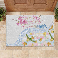 Hawaiian and Japanese Culture Together Rubber Doormat Tribal Motifs with Lei and Japanese Sakura Pattern