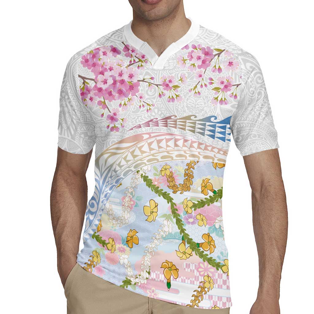 Hawaiian and Japanese Culture Together Rugby Jersey Tribal Motifs with Lei and Japanese Sakura Pattern