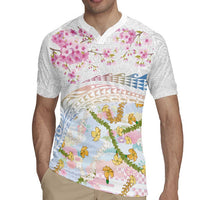 Hawaiian and Japanese Culture Together Rugby Jersey Tribal Motifs with Lei and Japanese Sakura Pattern