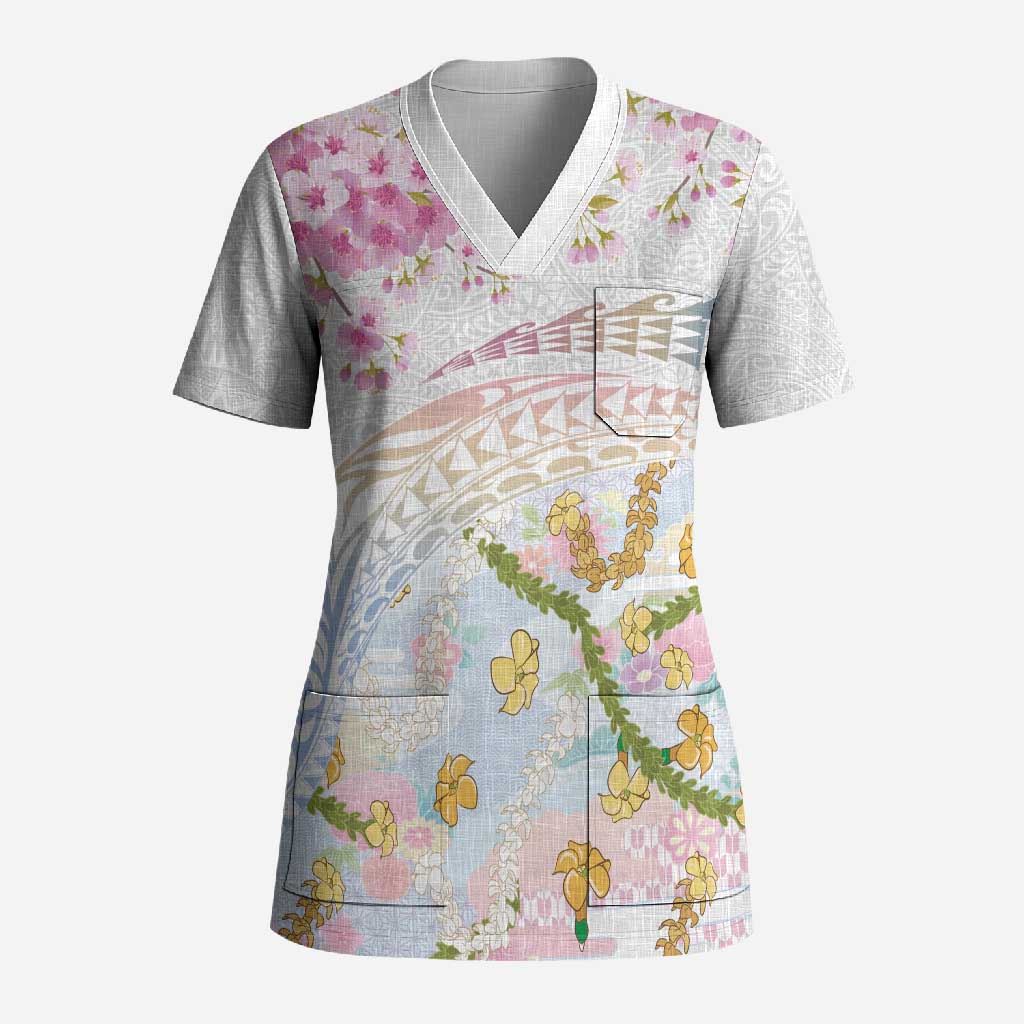 Hawaiian and Japanese Culture Together Scrub Top Tribal Motifs with Lei and Japanese Sakura Pattern