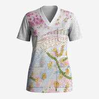 Hawaiian and Japanese Culture Together Scrub Top Tribal Motifs with Lei and Japanese Sakura Pattern