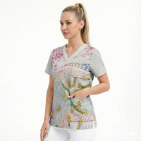 Hawaiian and Japanese Culture Together Scrub Top Tribal Motifs with Lei and Japanese Sakura Pattern