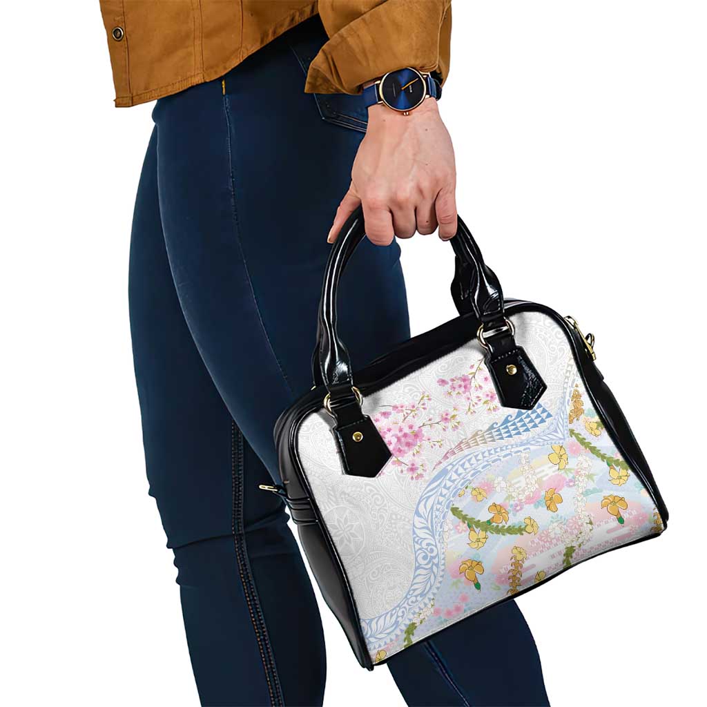 Hawaiian and Japanese Culture Together Shoulder Handbag Tribal Motifs with Lei and Japanese Sakura Pattern
