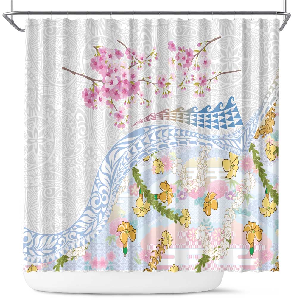 Hawaiian and Japanese Culture Together Shower Curtain Tribal Motifs with Lei and Japanese Sakura Pattern