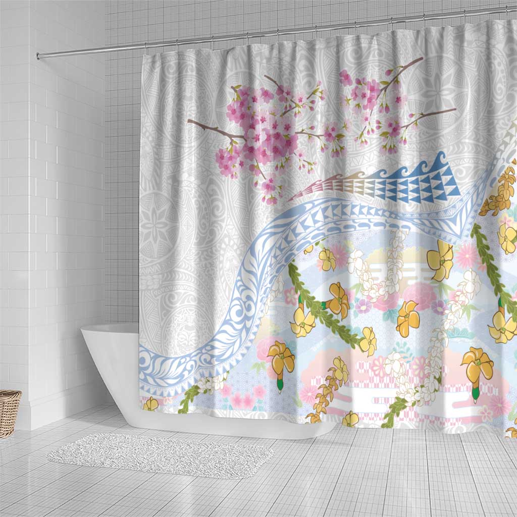 Hawaiian and Japanese Culture Together Shower Curtain Tribal Motifs with Lei and Japanese Sakura Pattern
