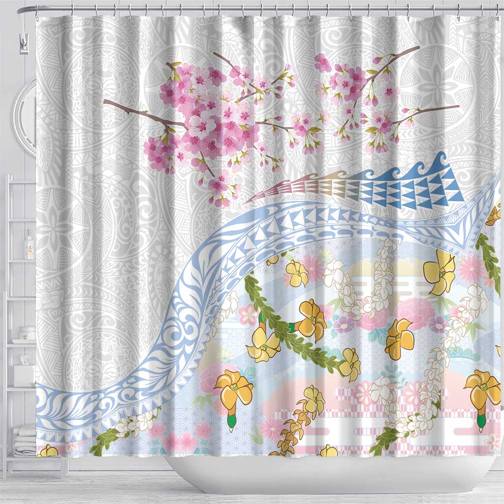 Hawaiian and Japanese Culture Together Shower Curtain Tribal Motifs with Lei and Japanese Sakura Pattern