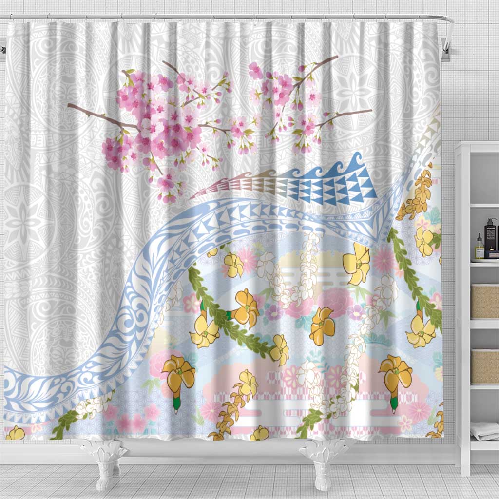 Hawaiian and Japanese Culture Together Shower Curtain Tribal Motifs with Lei and Japanese Sakura Pattern