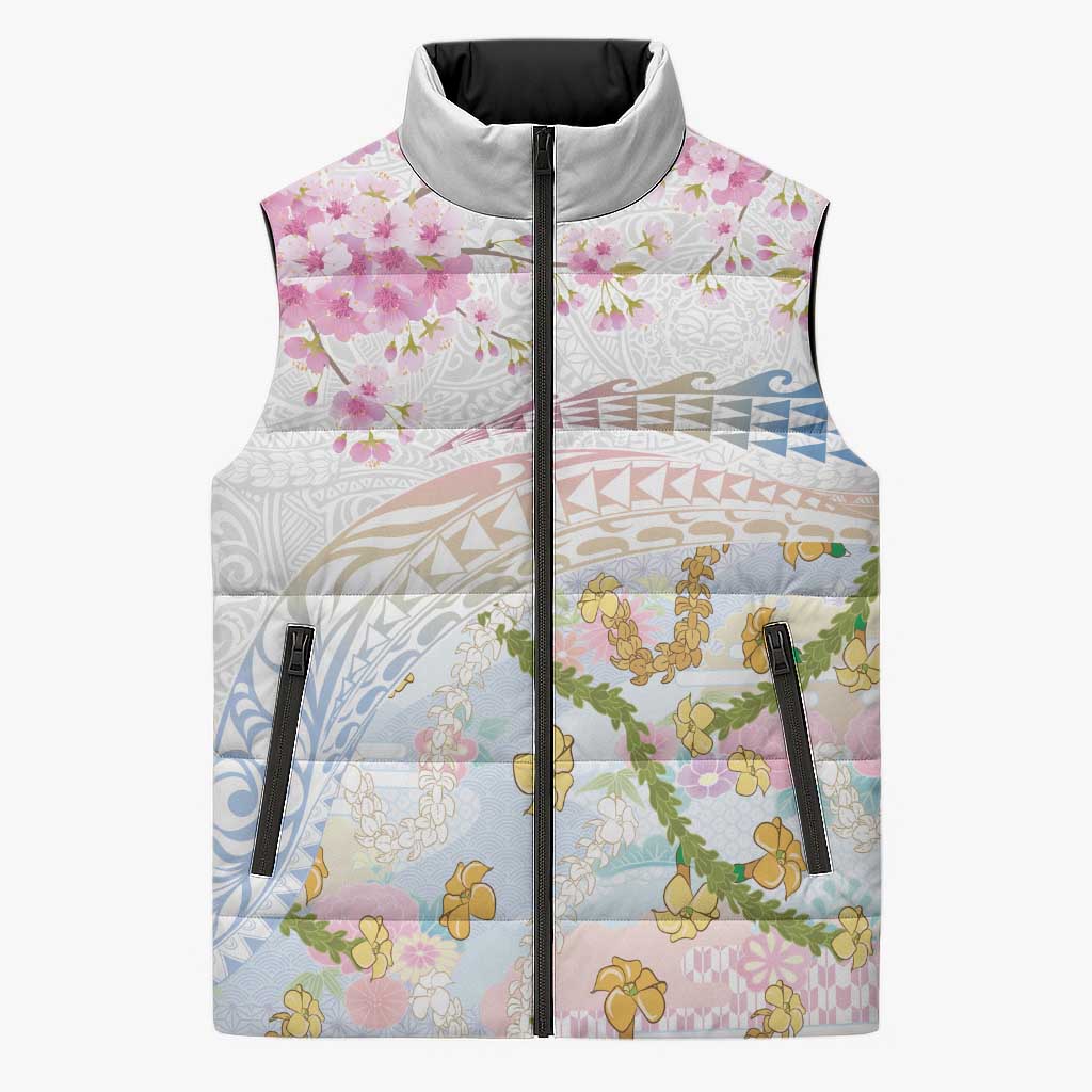 Hawaiian and Japanese Culture Together Sleeveless Puffer Jacket Tribal Motifs with Lei and Japanese Sakura Pattern