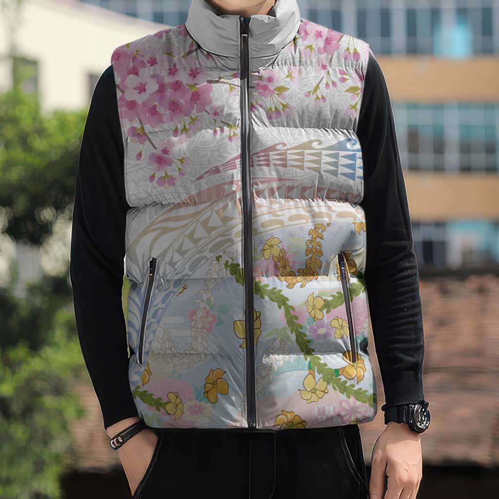 Hawaiian and Japanese Culture Together Sleeveless Puffer Jacket Tribal Motifs with Lei and Japanese Sakura Pattern