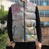 Hawaiian and Japanese Culture Together Sleeveless Puffer Jacket Tribal Motifs with Lei and Japanese Sakura Pattern