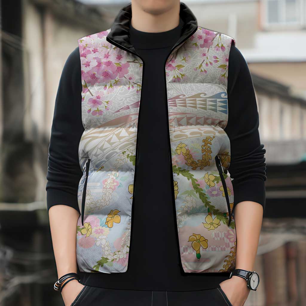 Hawaiian and Japanese Culture Together Sleeveless Puffer Jacket Tribal Motifs with Lei and Japanese Sakura Pattern