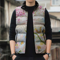 Hawaiian and Japanese Culture Together Sleeveless Puffer Jacket Tribal Motifs with Lei and Japanese Sakura Pattern