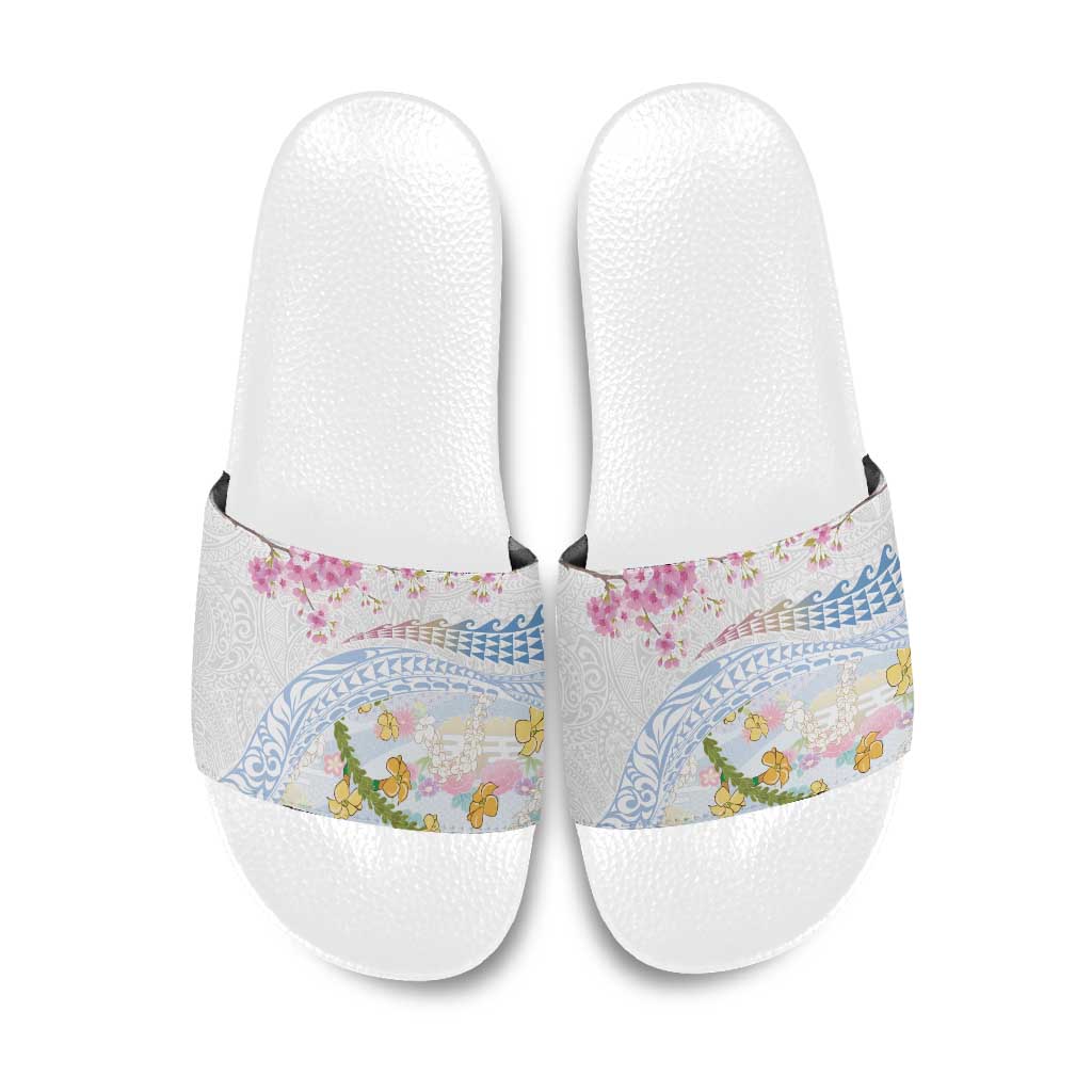 Hawaiian and Japanese Culture Together Slide Sandals Tribal Motifs with Lei and Japanese Sakura Pattern