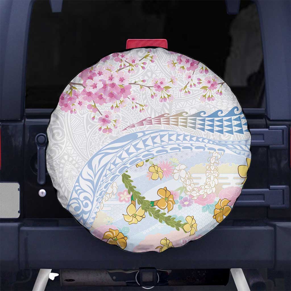 Hawaiian and Japanese Culture Together Spare Tire Cover Tribal Motifs with Lei and Japanese Sakura Pattern