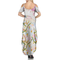 Hawaiian and Japanese Culture Together Summer Maxi Dress Tribal Motifs with Lei and Japanese Sakura Pattern