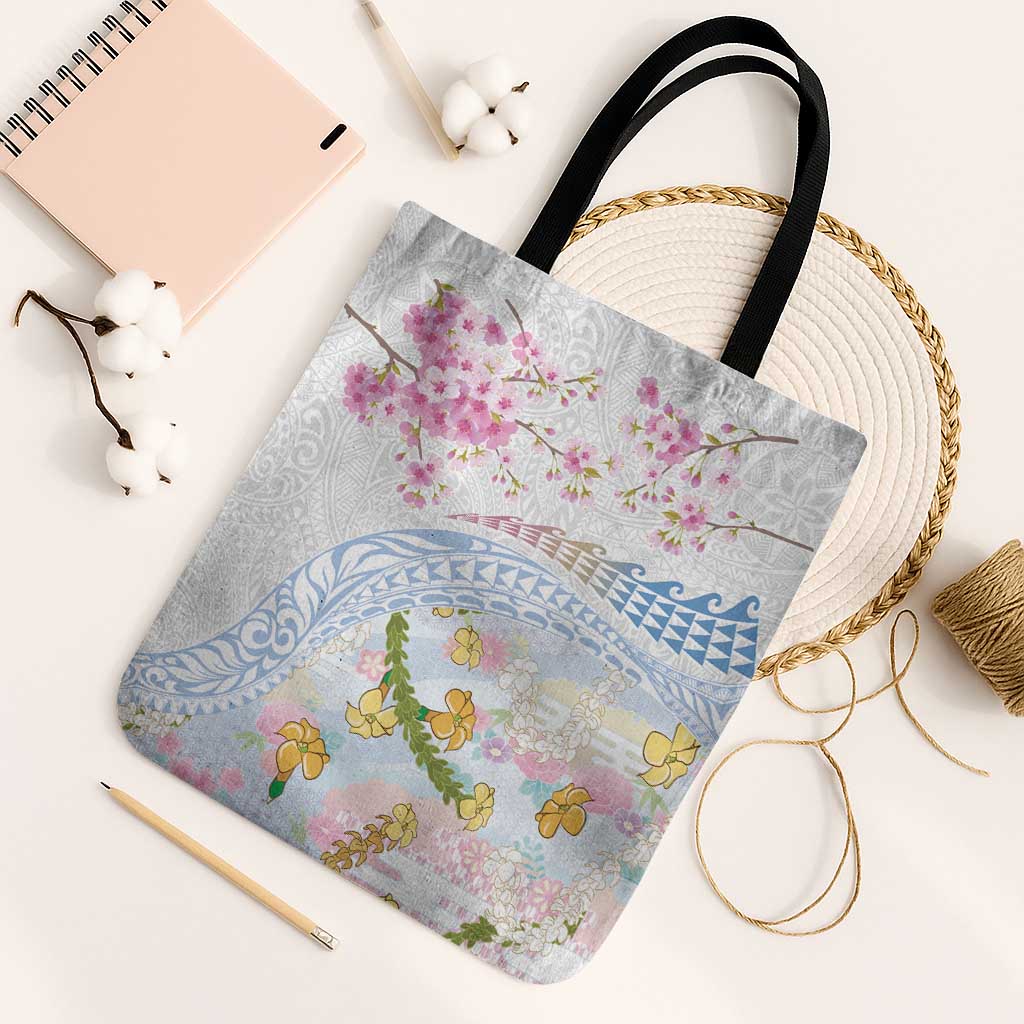 Hawaiian and Japanese Culture Together Tote Bag Tribal Motifs with Lei and Japanese Sakura Pattern