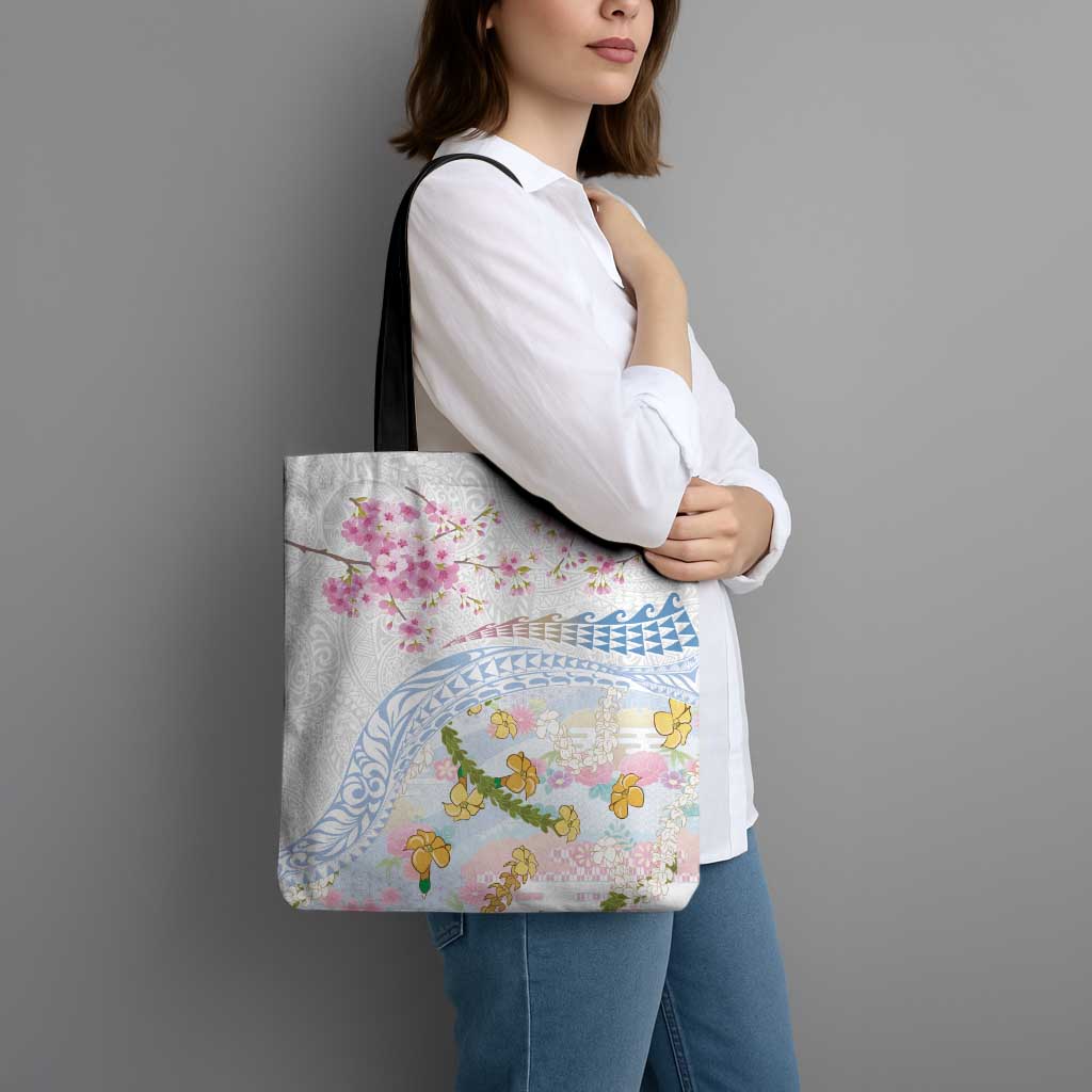 Hawaiian and Japanese Culture Together Tote Bag Tribal Motifs with Lei and Japanese Sakura Pattern