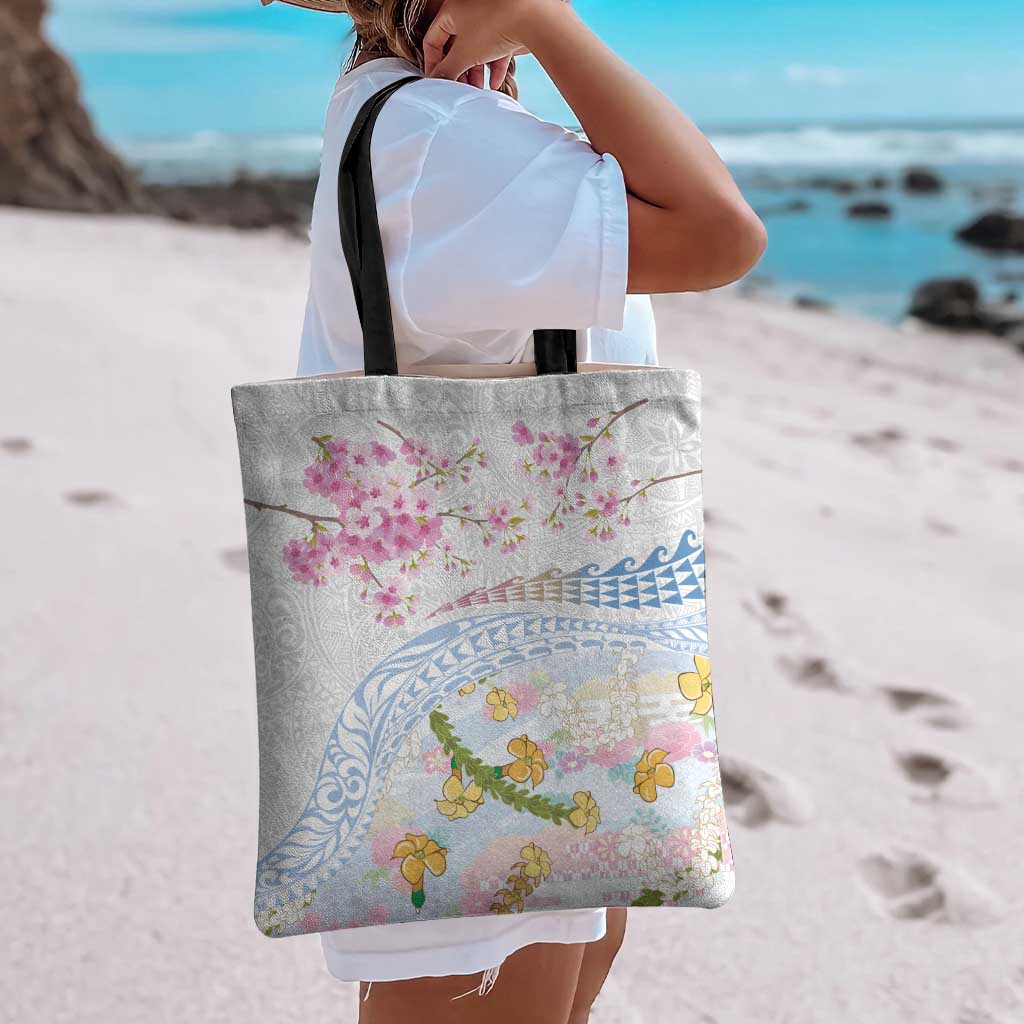 Hawaiian and Japanese Culture Together Tote Bag Tribal Motifs with Lei and Japanese Sakura Pattern