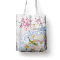 Hawaiian and Japanese Culture Together Tote Bag Tribal Motifs with Lei and Japanese Sakura Pattern