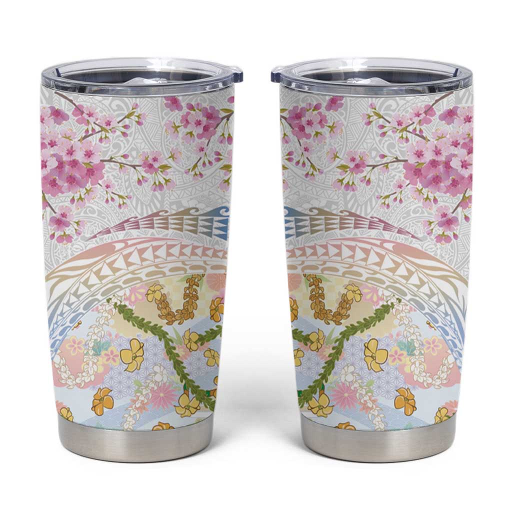 Hawaiian and Japanese Culture Together Tumbler Cup Tribal Motifs with Lei and Japanese Sakura Pattern