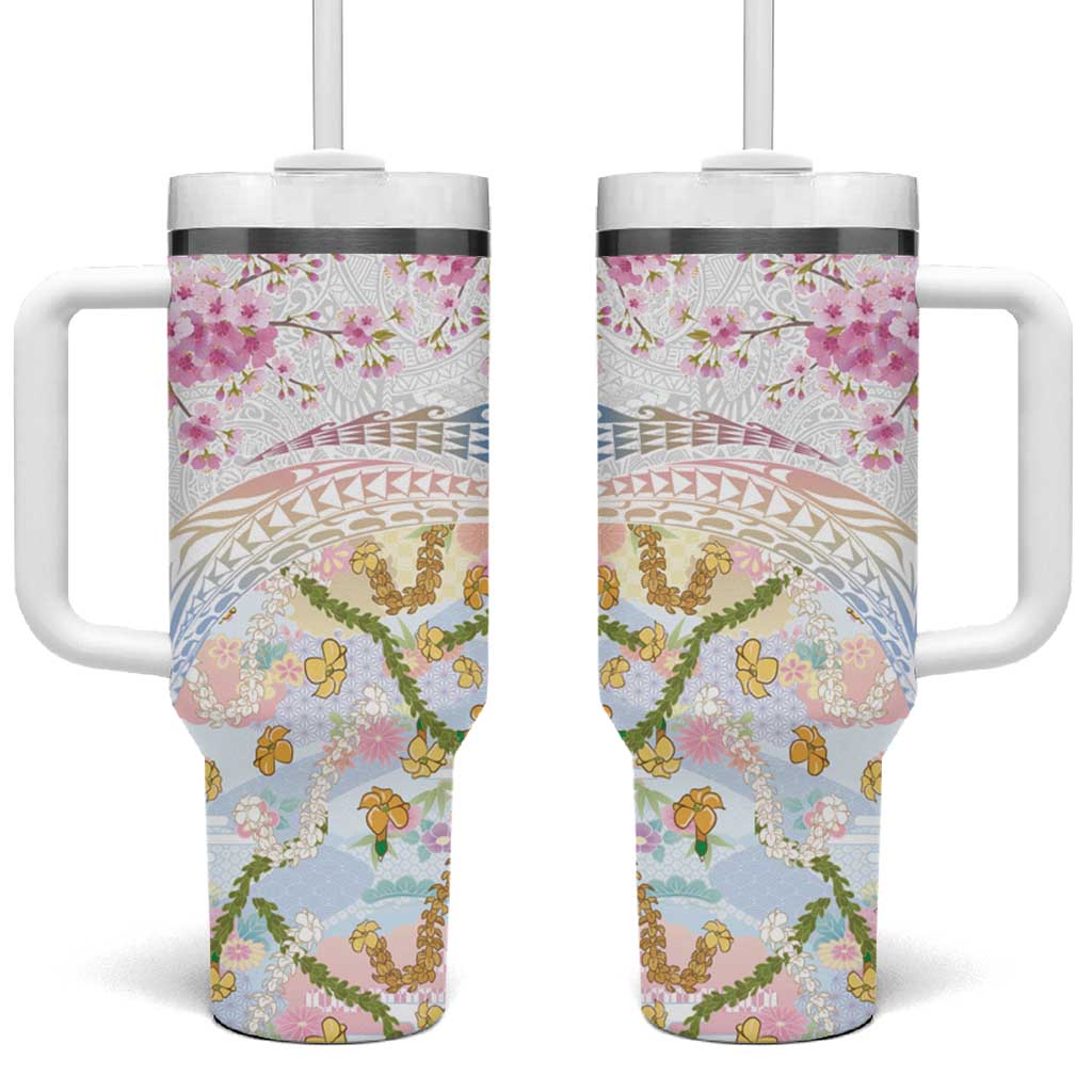 Hawaiian and Japanese Culture Together Tumbler With Handle Tribal Motifs with Lei and Japanese Sakura Pattern