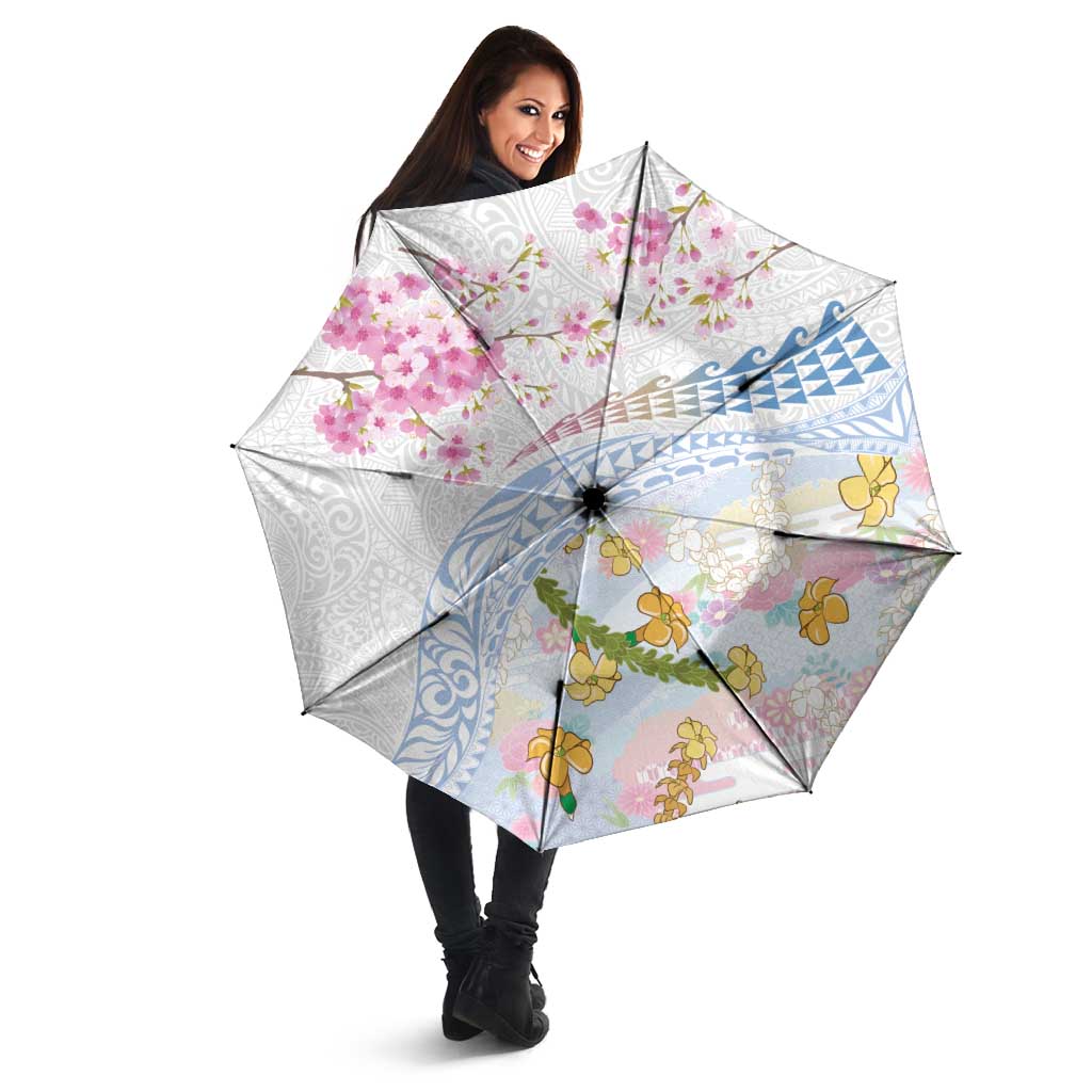 Hawaiian and Japanese Culture Together Umbrella Tribal Motifs with Lei and Japanese Sakura Pattern