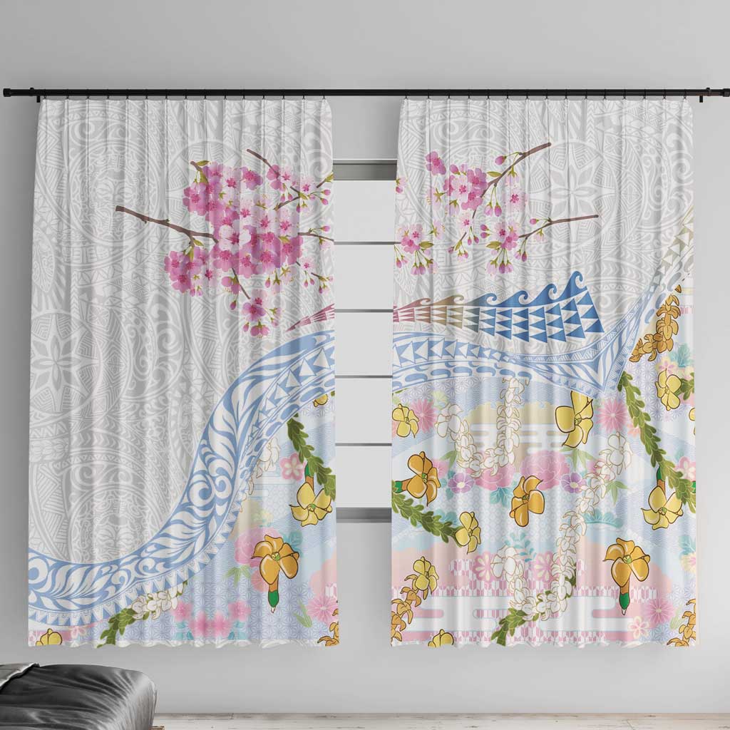 Hawaiian and Japanese Culture Together Window Curtain Tribal Motifs with Lei and Japanese Sakura Pattern