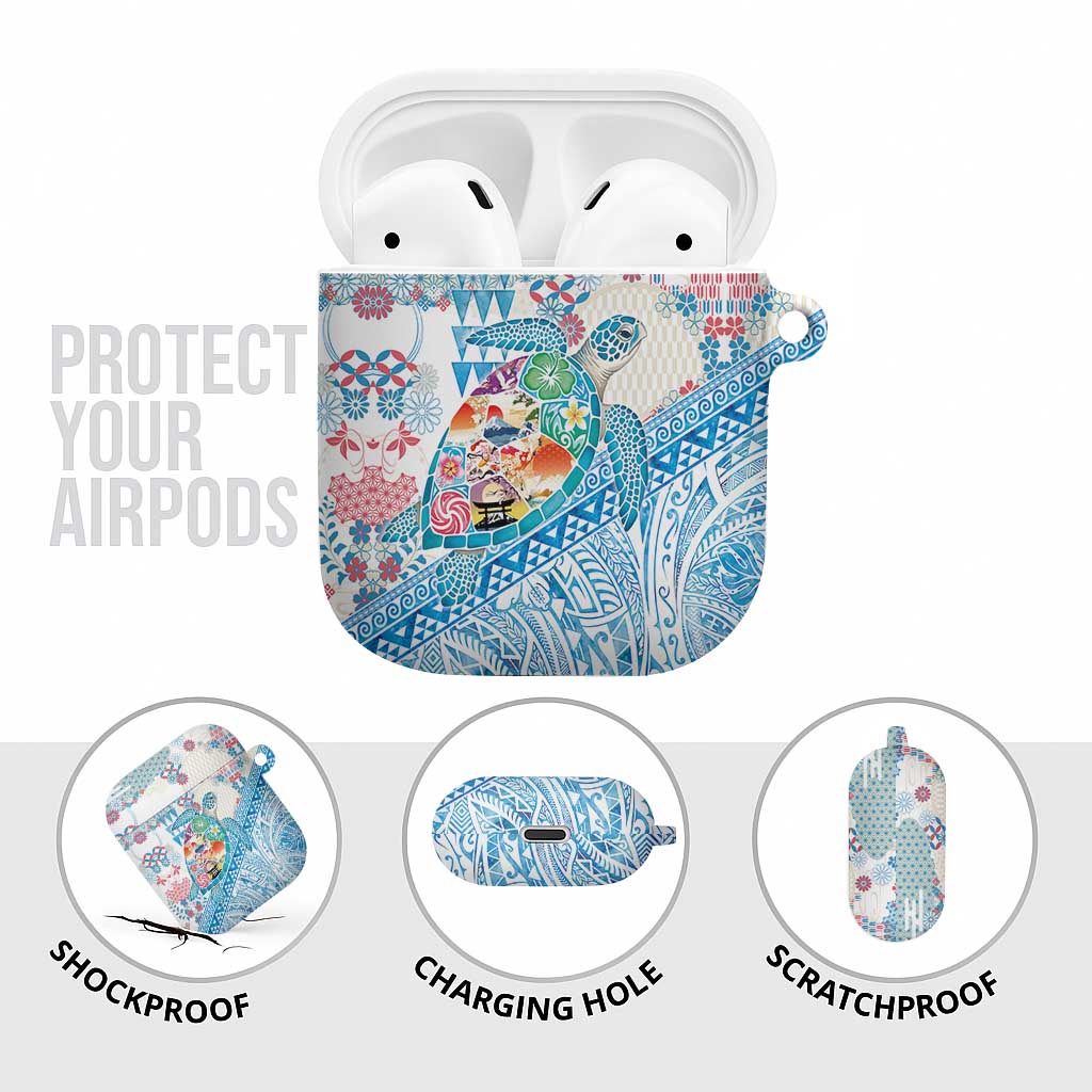 Hawaiian and Japanese Culture Together AirPods Case Tropical Honu with Japanese Elements Blue Color
