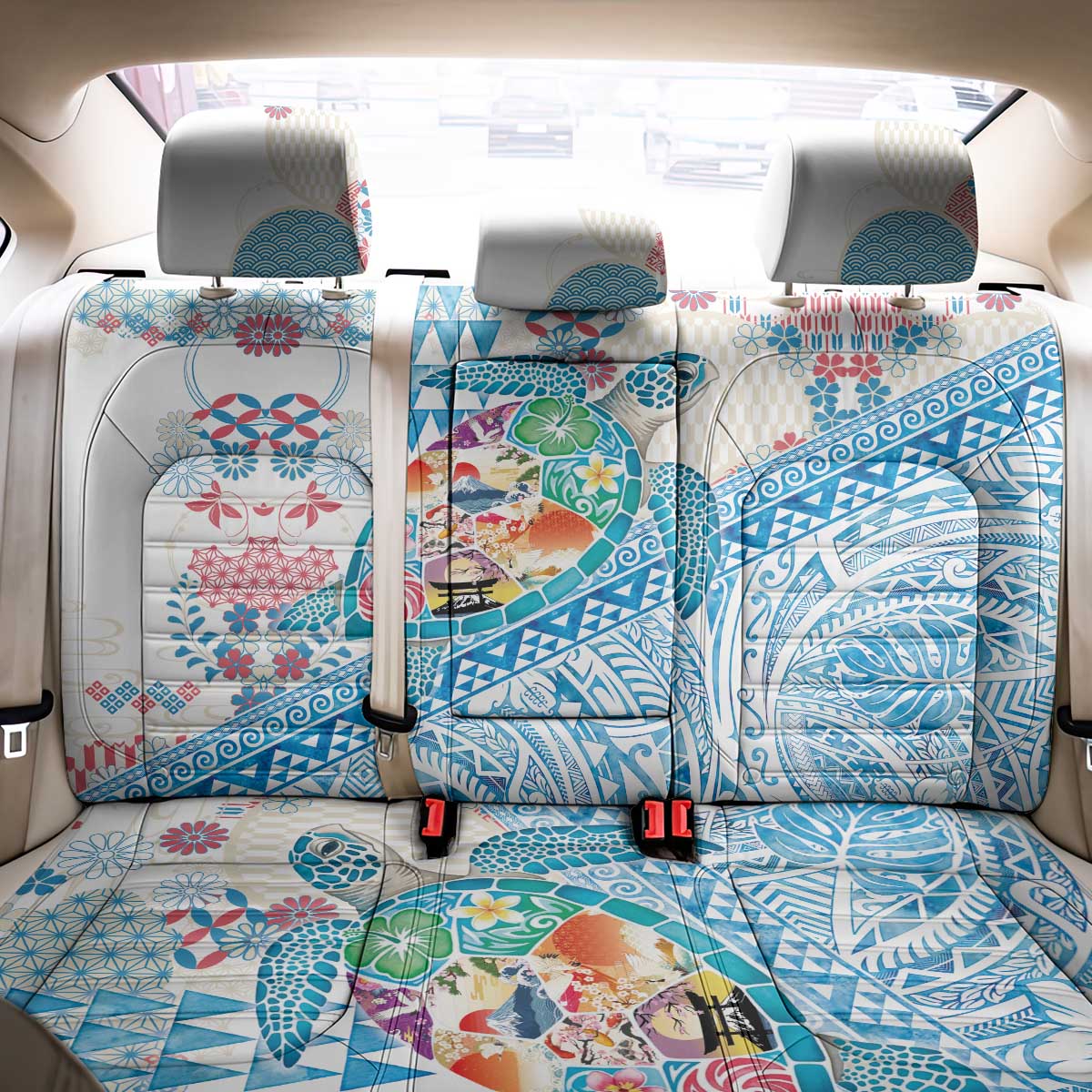 Hawaiian and Japanese Culture Together Back Car Seat Cover Tropical Honu with Japanese Elements Blue Color