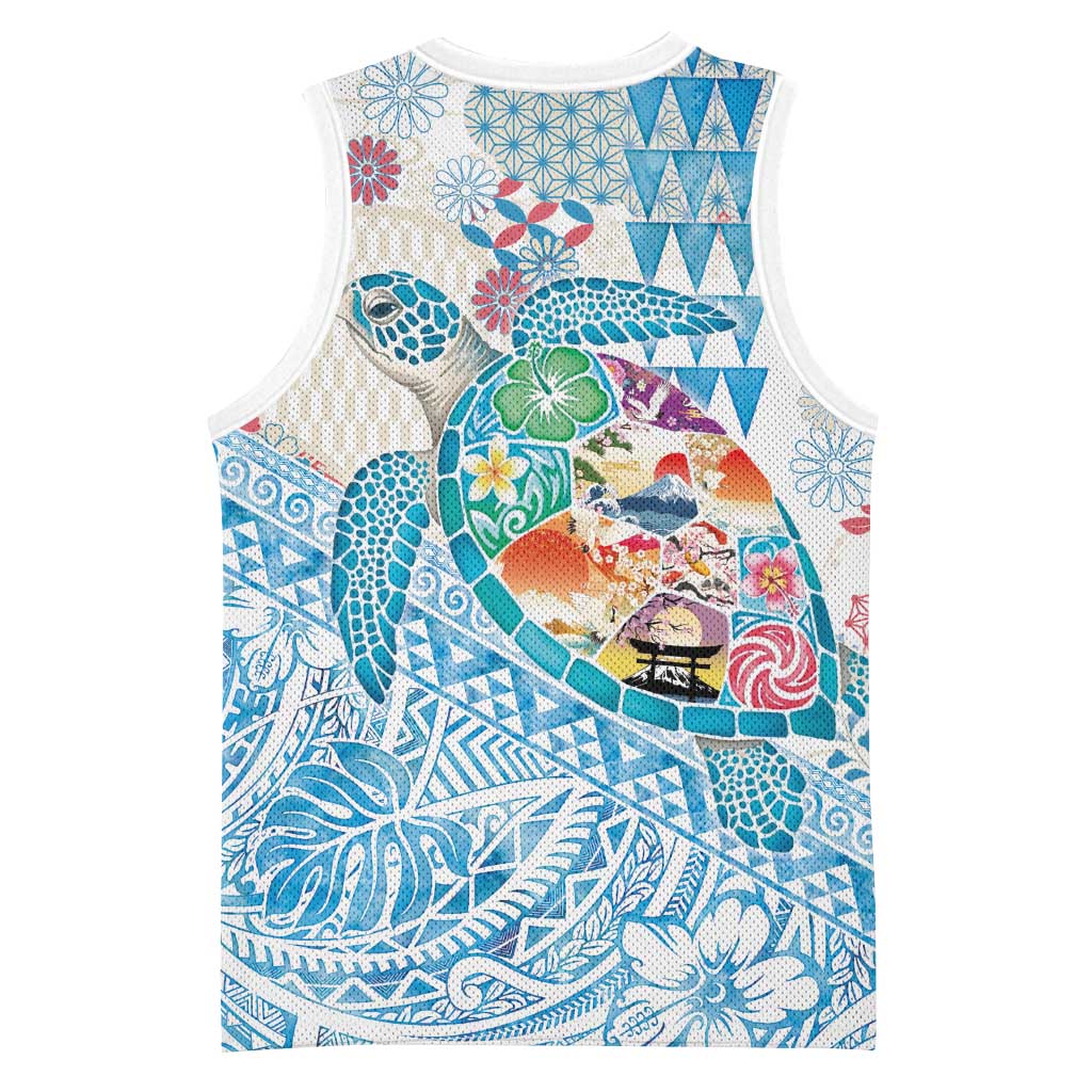 Hawaiian and Japanese Culture Together Basketball Jersey Tropical Honu with Japanese Elements Blue Color