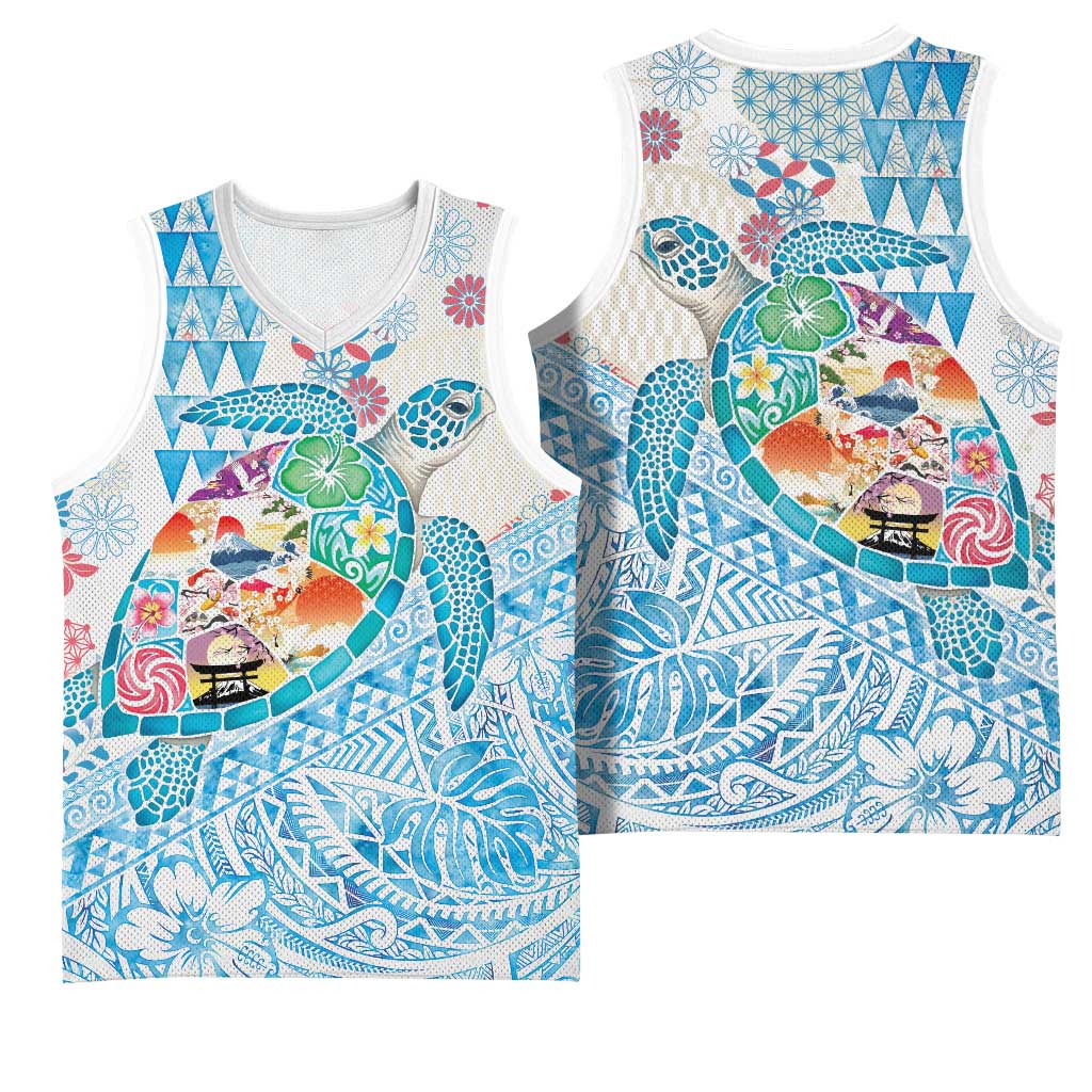 Hawaiian and Japanese Culture Together Basketball Jersey Tropical Honu with Japanese Elements Blue Color