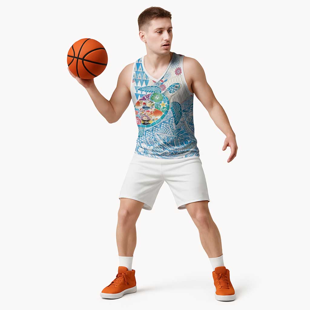 Hawaiian and Japanese Culture Together Basketball Jersey Tropical Honu with Japanese Elements Blue Color