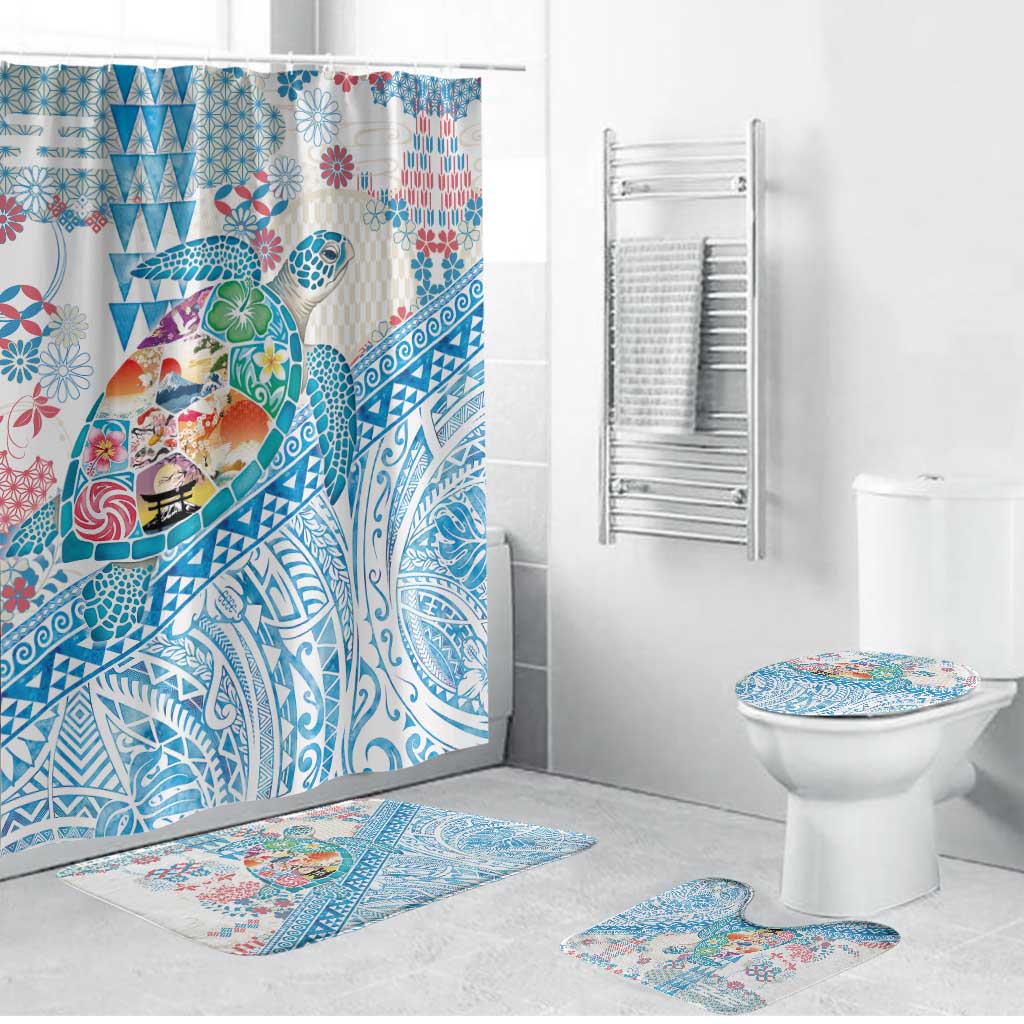 Hawaiian and Japanese Culture Together Bathroom Set Tropical Honu with Japanese Elements Blue Color