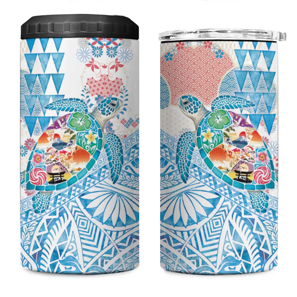 Hawaiian and Japanese Culture Together 4 in 1 Can Cooler Tumbler Tropical Honu with Japanese Elements Blue Color
