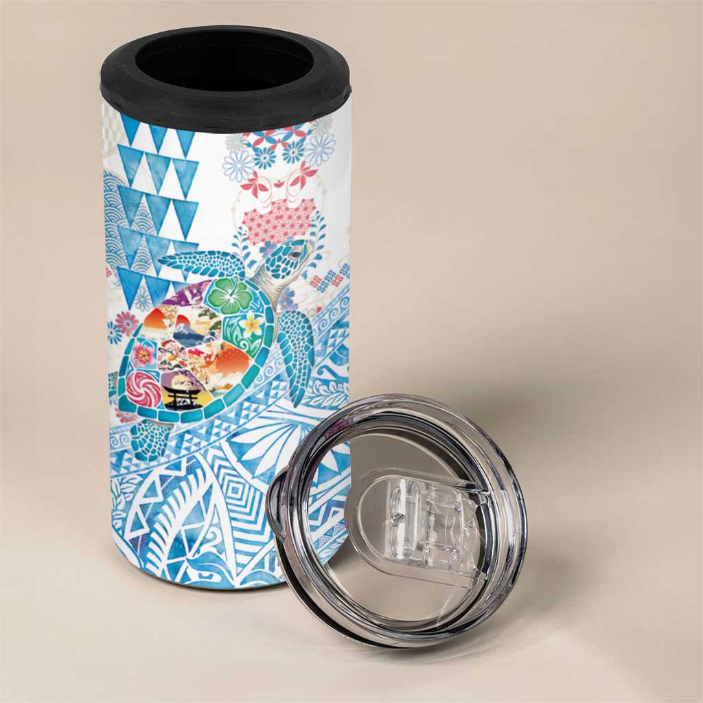 Hawaiian and Japanese Culture Together 4 in 1 Can Cooler Tumbler Tropical Honu with Japanese Elements Blue Color